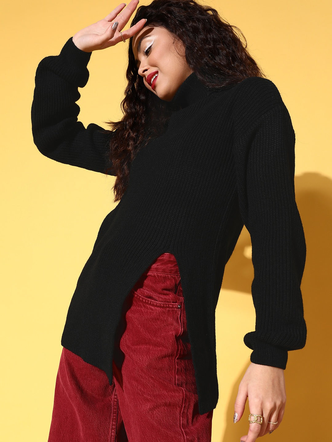 Women Solid Black Turtle Neck Acrylic Straight Hem Longline Pullover  Sweater - Berrylush